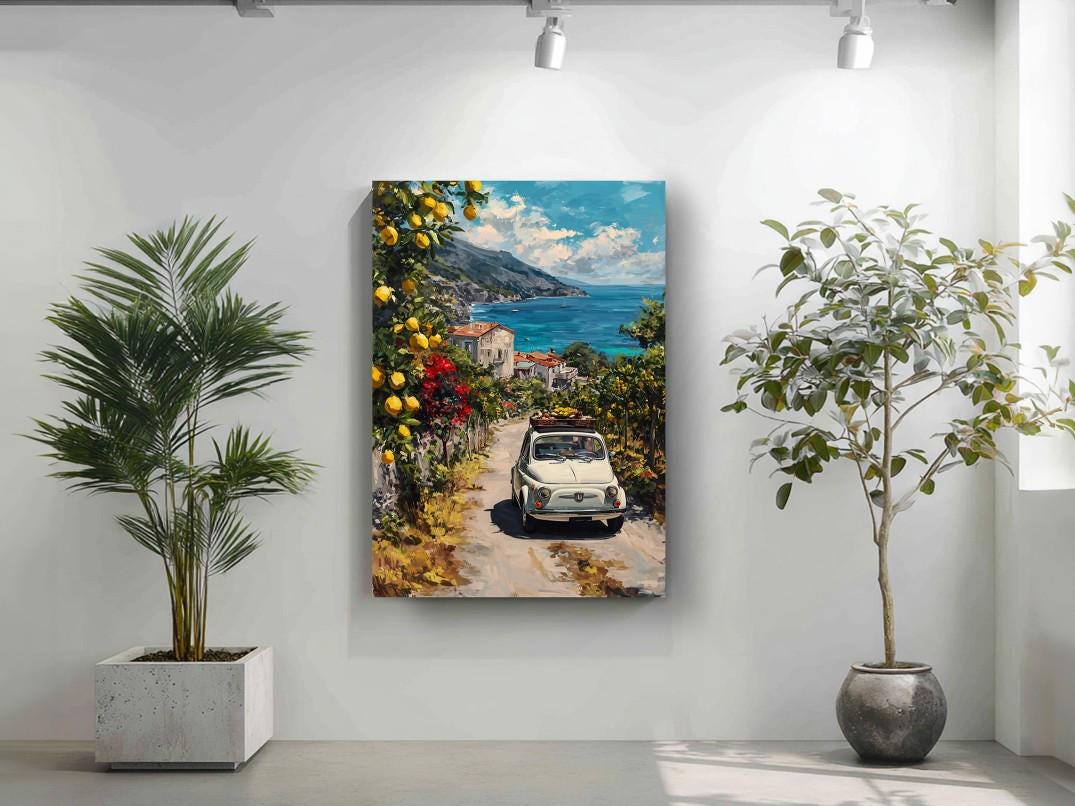 a painting of a car driving down a road surrounded by lush greenery and a picturesque coastal town.