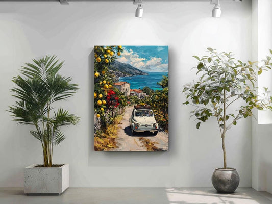 a painting of a car driving down a road surrounded by lush greenery and a picturesque coastal town.