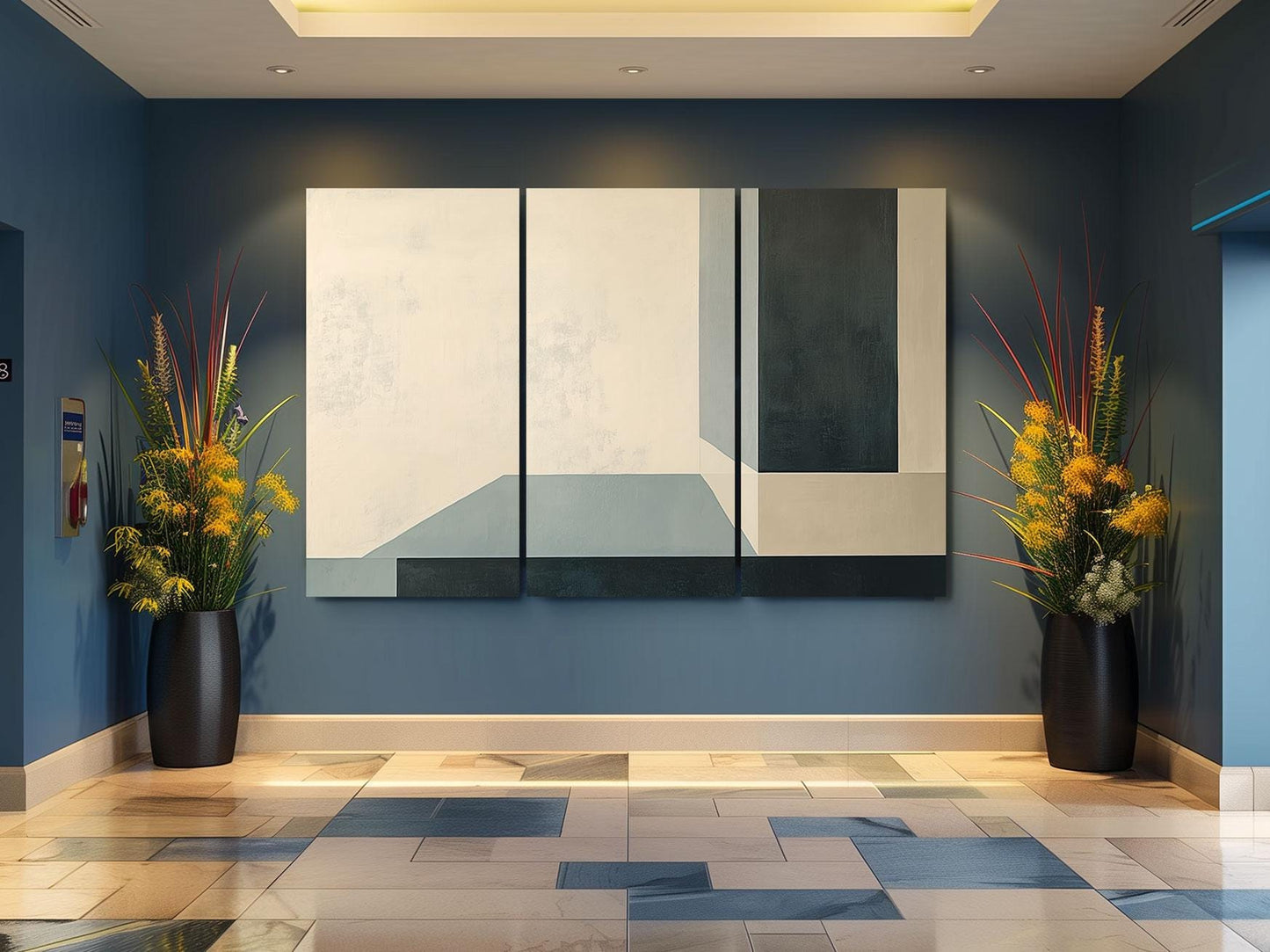 a room with two vases of flowers and a painting on the wall