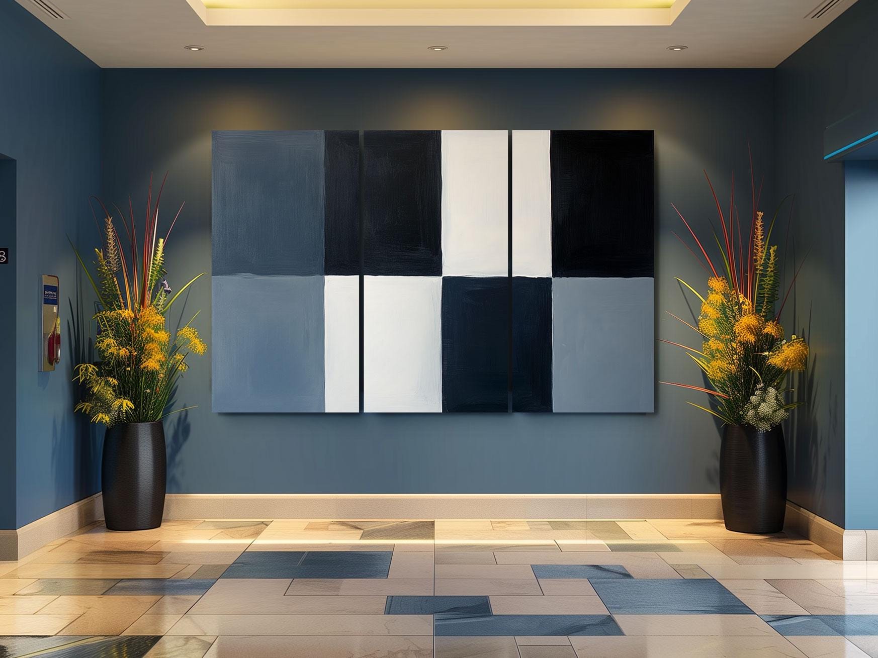 a room with blue walls and a painting on the wall