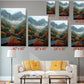 The image is a living room with a white sofa and a coffee table. Above the sofa, there are six framed landscape photographs of mountains, each with a different size and resolution, ranging from 8 x 12 to 20 x 30 inches. The photographs are arranged in a grid-like pattern on the wall, creating a visually appealing display.