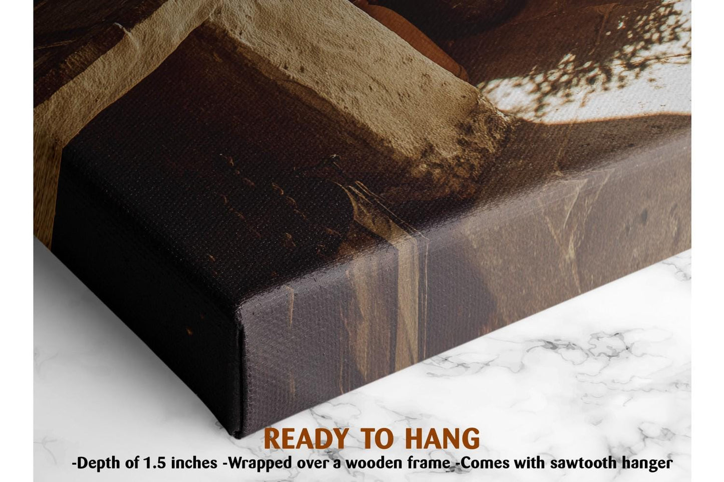 The image is a close-up of a canvas print with a wooden frame, showcasing the artwork on a marble surface.