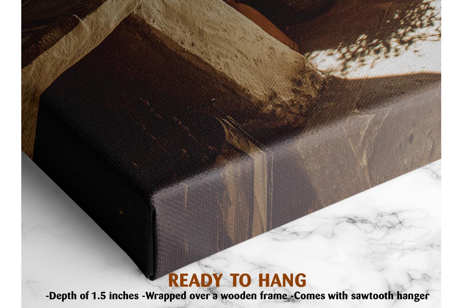 The image is a close-up of a canvas print with a wooden frame, showcasing the artwork on a marble surface.