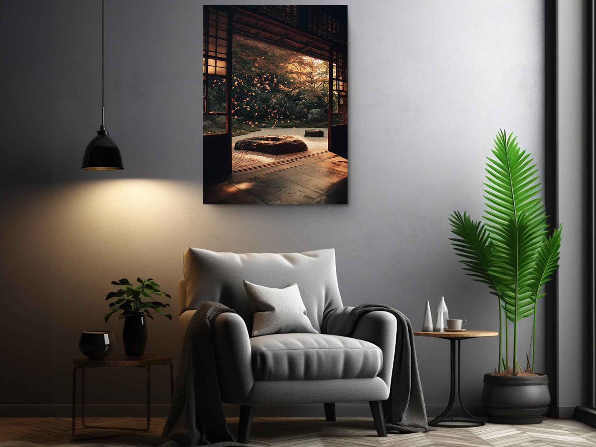 a cozy living room with a comfortable gray armchair, a wooden side table, and a potted plant. Above the armchair, there is a framed picture of a serene garden scene with a wooden bench and a small pond. The room is illuminated by a hanging lamp, creating a warm and inviting atmosphere.
