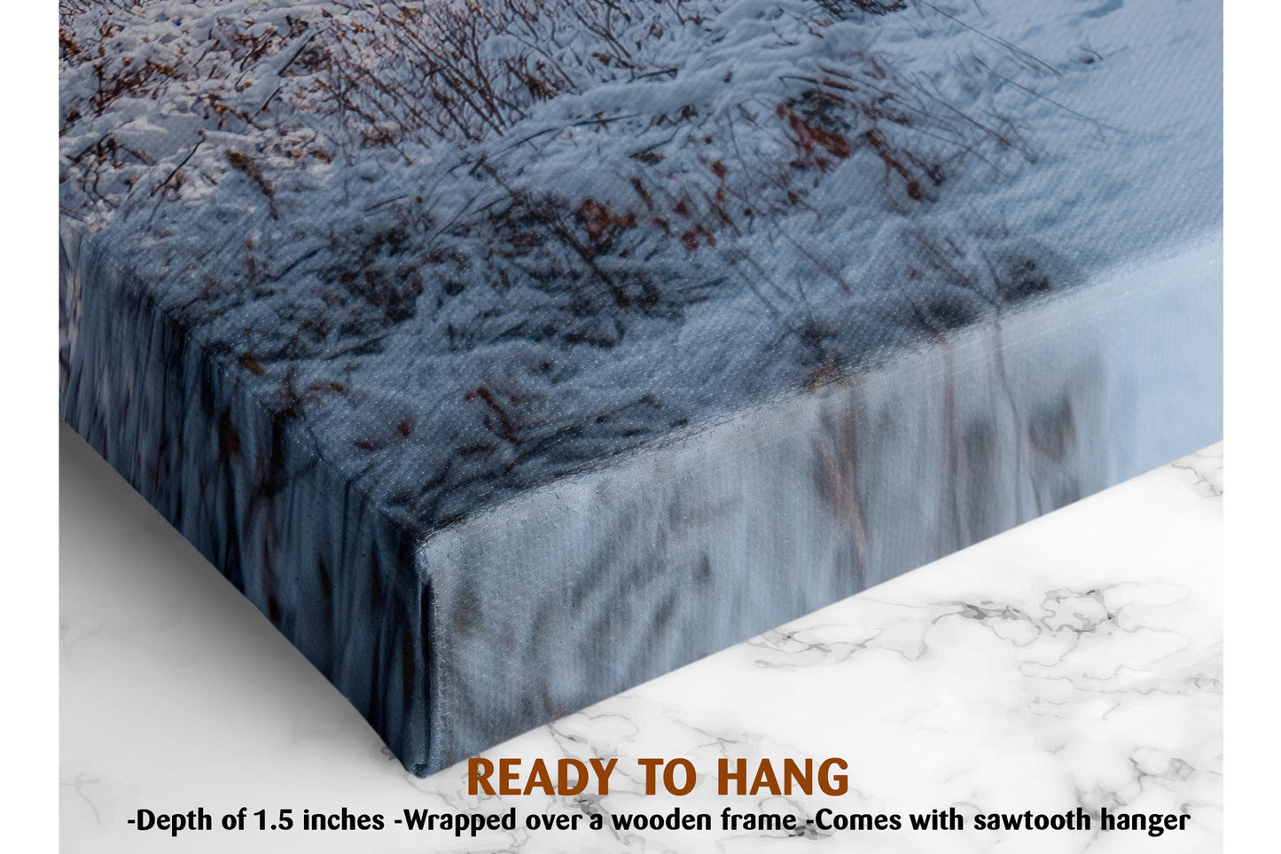 The image is a close-up of a textured surface, possibly a canvas or a wooden frame, with a snowy or icy appearance. The text &quot;READY TO HANG&quot; is visible, indicating that the object is ready to be hung on a wall.