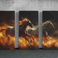 three paintings of horses in flames on a wall