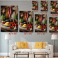 The image is a collage of seven images, each depicting a different scene related to food and cooking. The images are arranged in a grid format, with each row representing a different size, ranging from 6&quot; x 12&quot; to 24&quot; x 36&quot;. The images are displayed on a wall, and there is a white couch in the foreground.