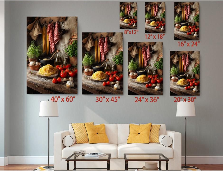 The image is a collage of seven images, each depicting a different scene related to food and cooking. The images are arranged in a grid format, with each row representing a different size, ranging from 6&quot; x 12&quot; to 24&quot; x 36&quot;. The images are displayed on a wall, and there is a white couch in the foreground.