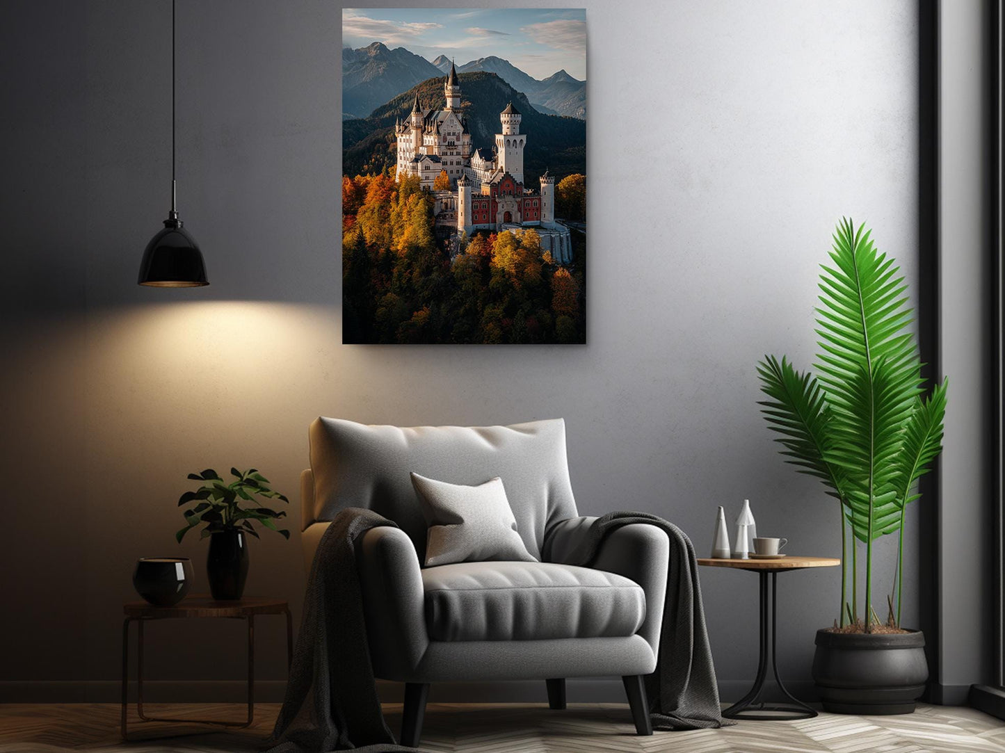 a living room with a gray armchair, a potted plant, and a painting of a castle on the wall.