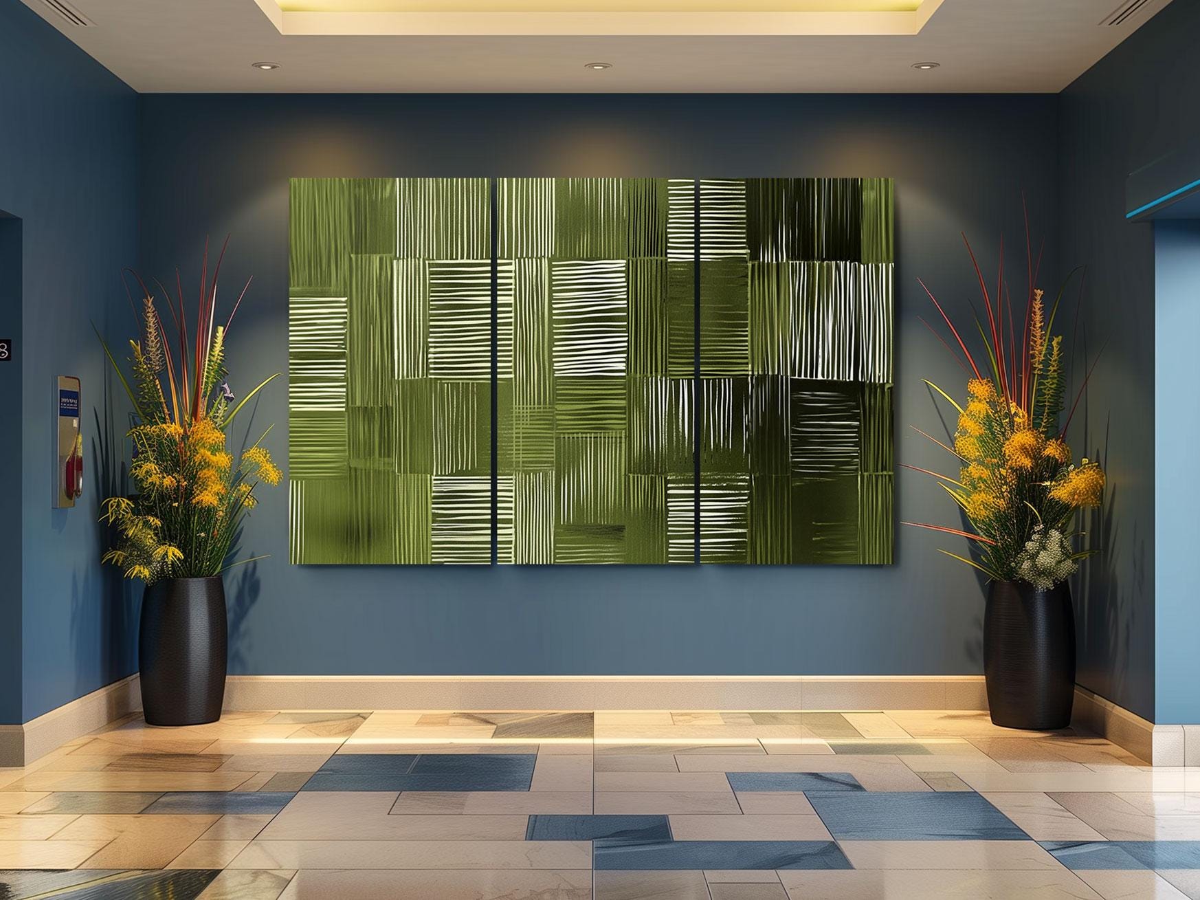 a room with blue walls and a painting on the wall