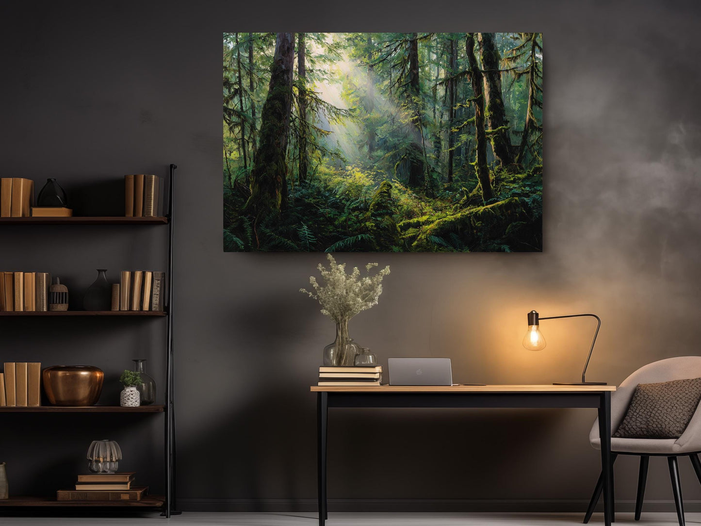 a serene and lush forest scene, with sunlight filtering through the trees and casting a warm glow on the surrounding greenery.