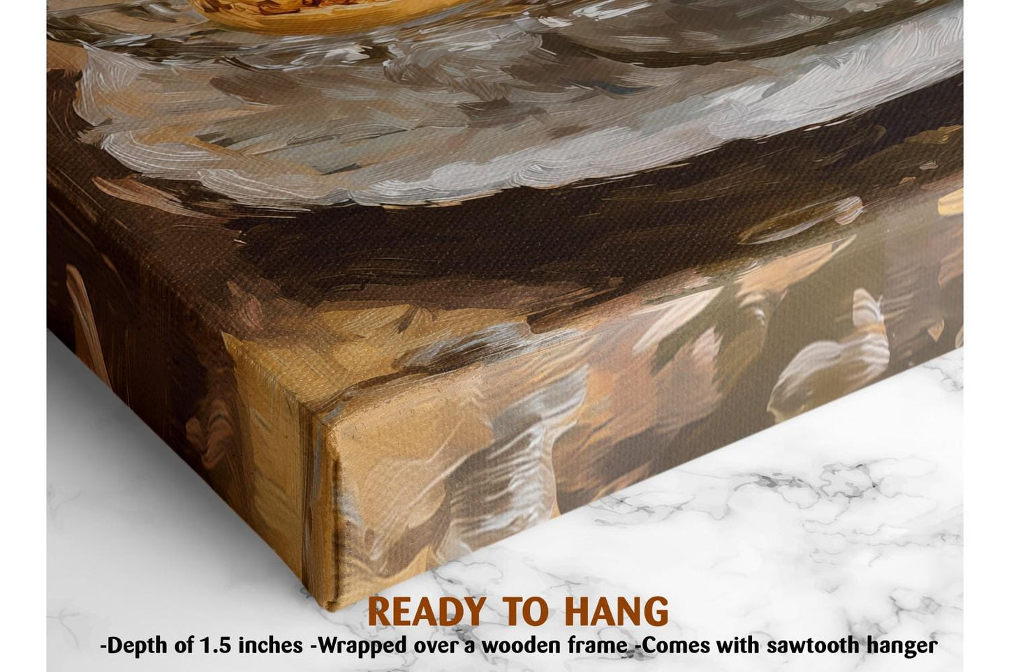 The image is a close-up of a wooden frame with a painting on it, placed on a marble surface.