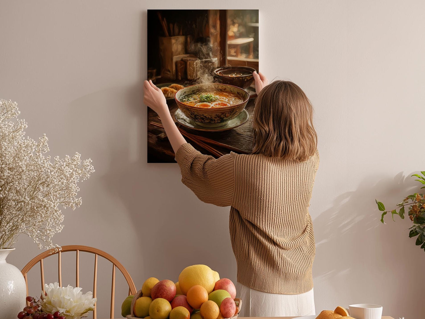 A woman hangs a framed photograph of a bowl of soup on a wall in a cozy kitchen setting.