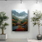 a serene indoor setting with a large painting of a mountainous landscape hanging on the wall, flanked by two potted plants.