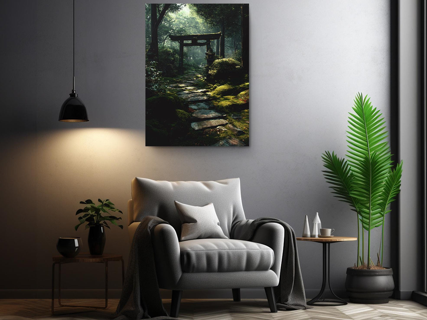 a serene and modern living room with a comfortable gray armchair, a wooden side table, and a potted plant. Above the armchair, there is a framed painting of a forest path leading to a torii gate, creating a tranquil and peaceful atmosphere.