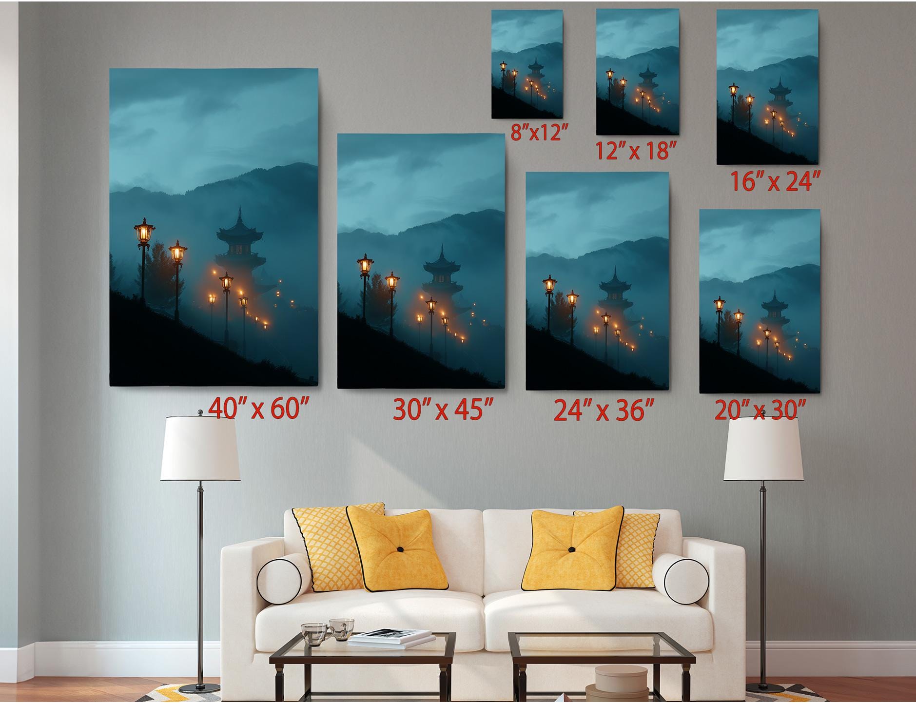 The image is a living room with a white sofa and a coffee table. Above the sofa, there are seven framed pictures of lanterns hanging on the wall, each with a different size and orientation. The pictures are arranged in a grid-like pattern, with each row representing a different size, from 40 x 60 to 20 x 30. The arrangement of the pictures and the presence of the sofa and coffee table create a cozy and inviting atmosphere in the living room.