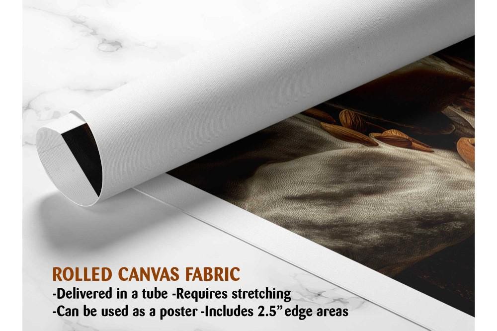 The image is a rolled canvas fabric, which is a type of canvas material used for painting or printing. It is described as a tube-delivered fabric that requires stretching and can be used as a poster with a 2.5&quot; edge area.