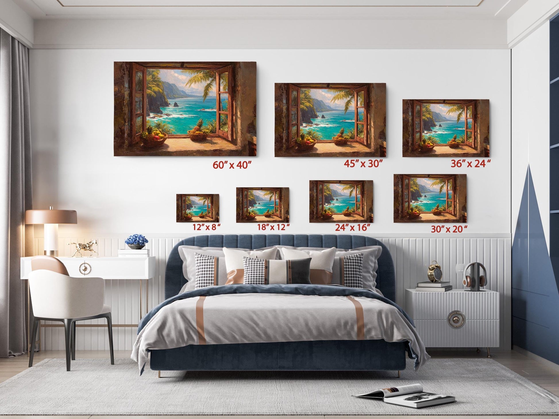 The image is a bedroom with a large bed, a desk, and a chair. Above the bed, there are five framed paintings of tropical landscapes, each with a different size and frame. The paintings are arranged in a row on the wall, creating a visually appealing display.