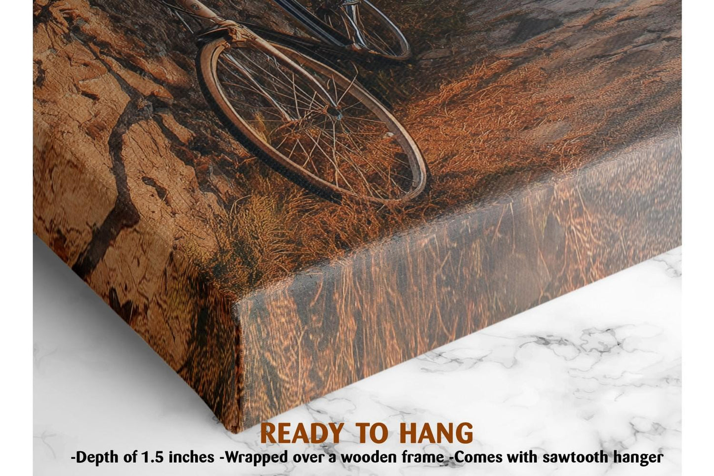 a close-up view of a bicycle wheel and spokes, with a wooden frame and a sawtooth hanger.