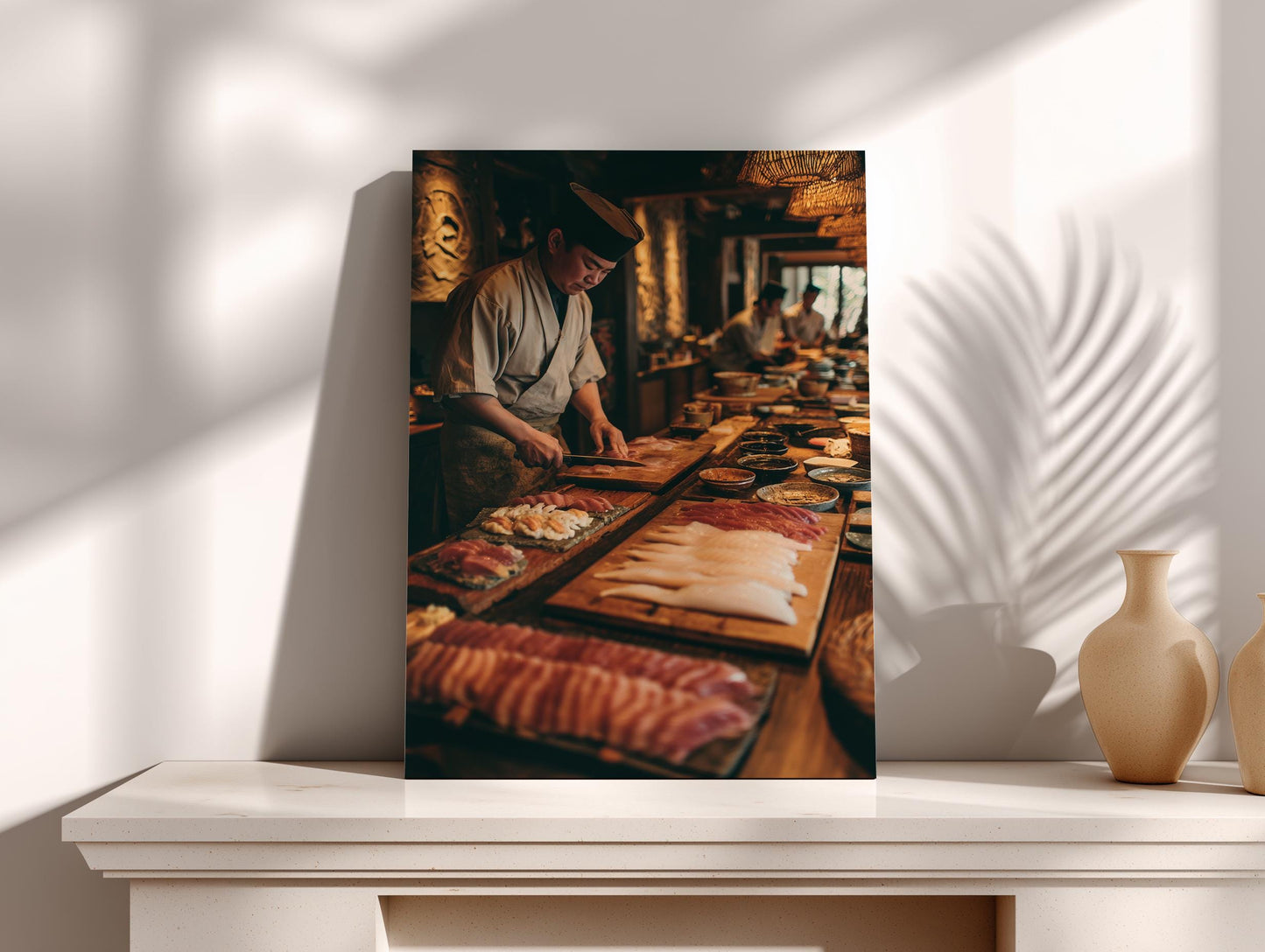 A chef is preparing food in a kitchen, surrounded by various ingredients and dishes.