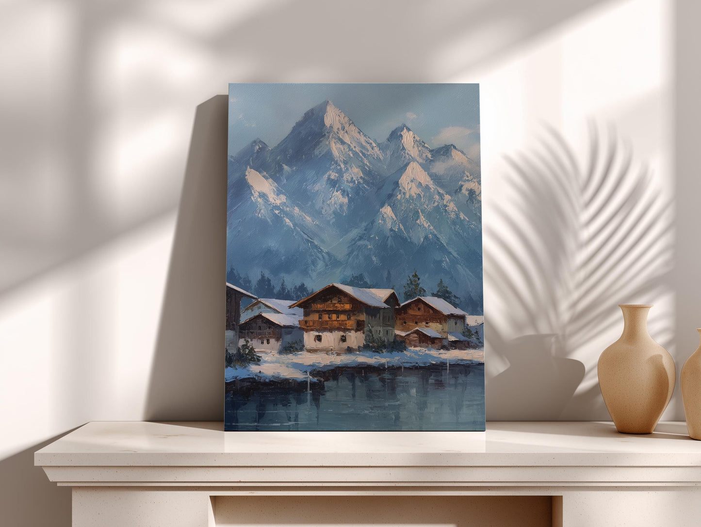 a painting of a snowy mountain village with a lake in the foreground.