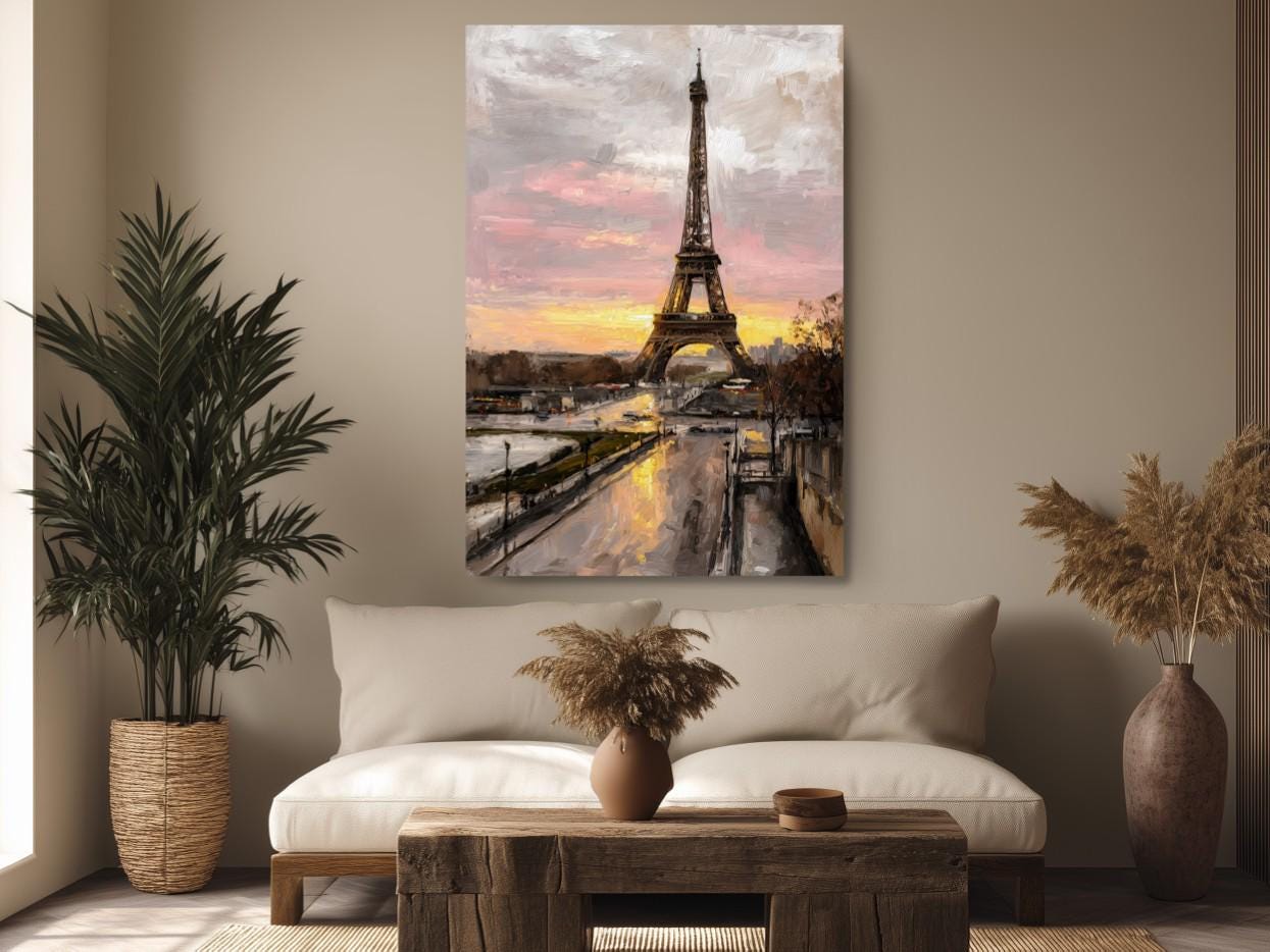 a large painting of the Eiffel Tower in Paris, France, hanging on a wall in a living room setting.