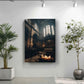 a serene and peaceful indoor setting, featuring a large potted plant on the left side and a framed photograph of a church interior on the right side. The photograph captures the architectural details and natural light filtering through the windows, creating a warm and inviting atmosphere.
