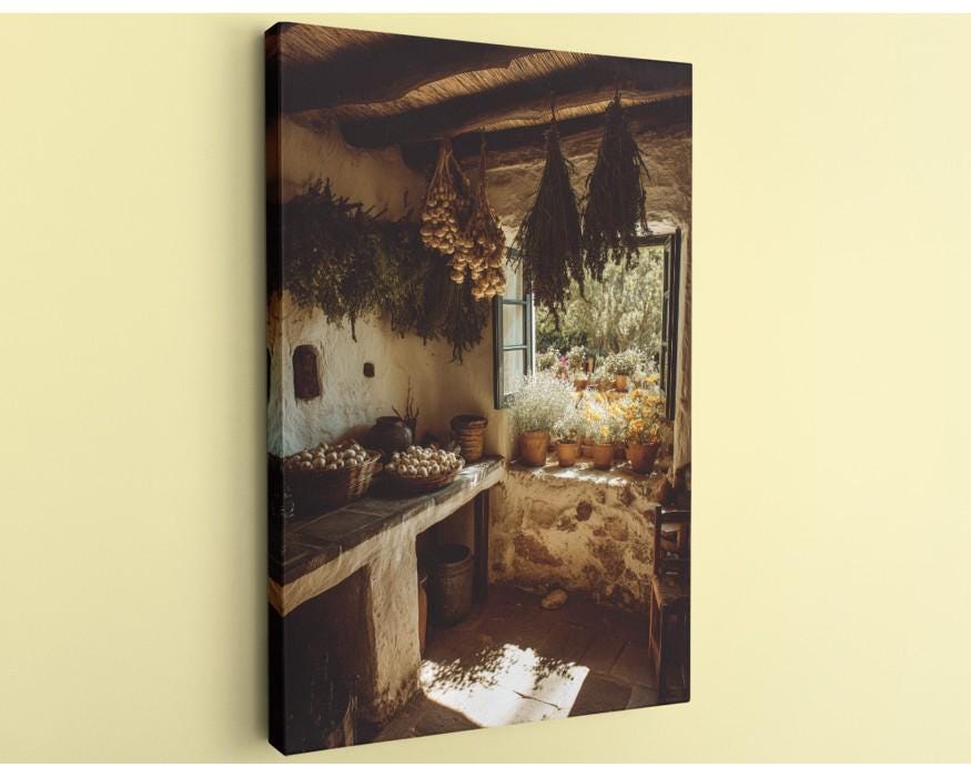 a rustic kitchen with a window, hanging baskets of herbs, and a counter with baskets of produce.