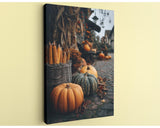 A wicker basket filled with corn cobs and pumpkins sits on a cobblestone path, surrounded by other pumpkins and gourds.