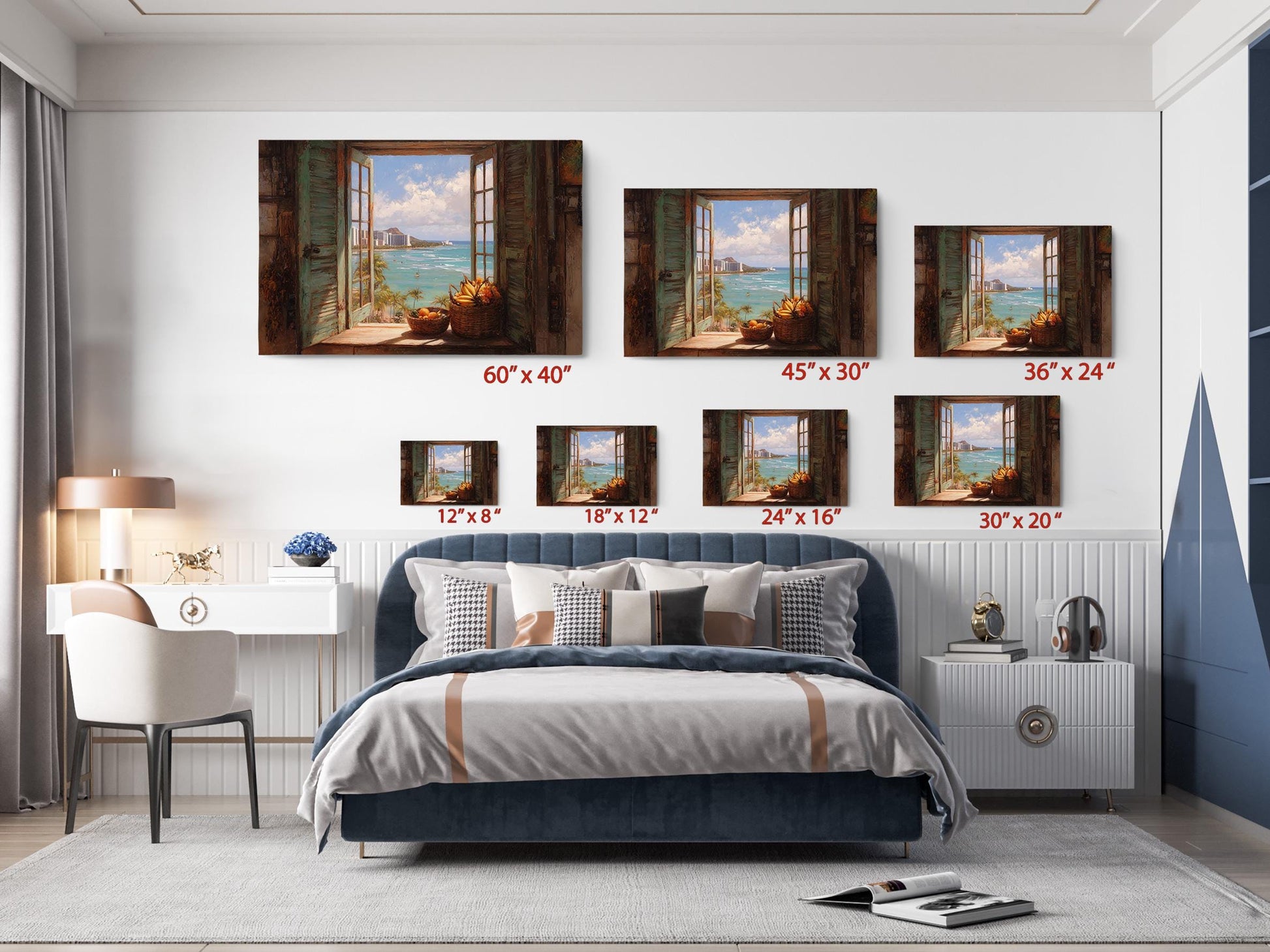 The image is a bedroom with a large bed, a desk, and a chair. There are five framed pictures of a beach scene displayed on the wall above the bed, each with a different size and orientation.