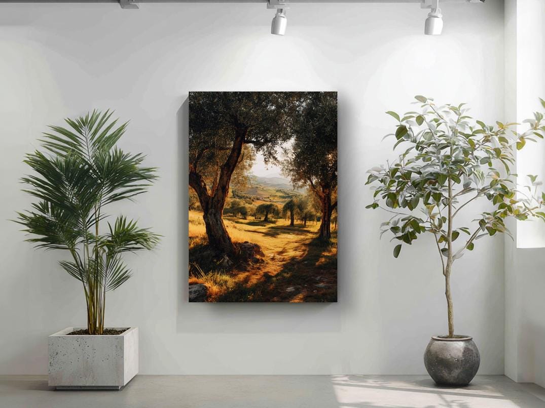 a serene landscape with a path leading through a field of trees, framed by a large tree trunk. The scene is illuminated by warm, golden light, creating a peaceful and tranquil atmosphere.