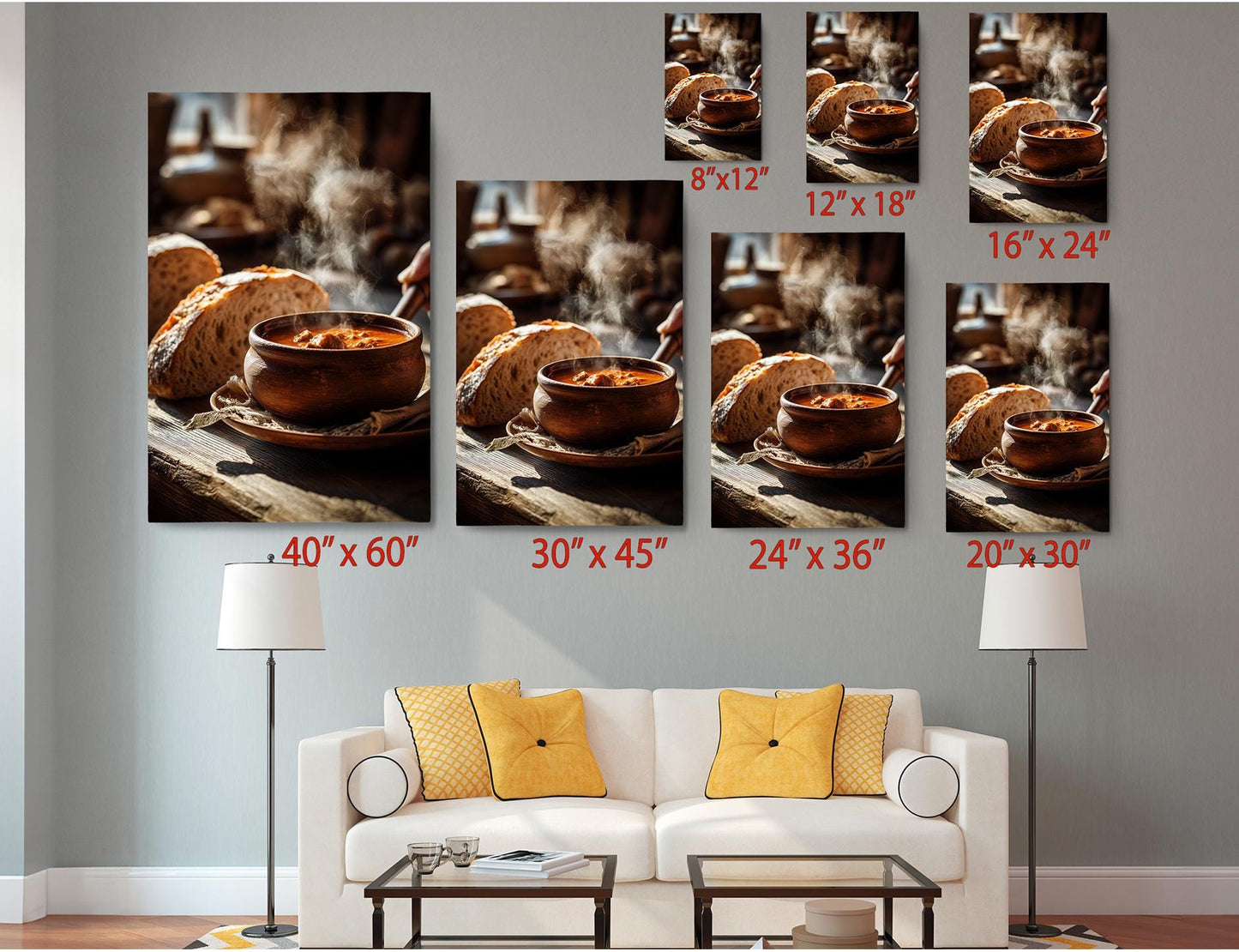 The image is a living room with a white couch and a coffee table. Above the couch, there are six framed images of food items, including bowls of soup and bread, arranged in a grid-like pattern. Each image is labeled with its size in inches, ranging from 40 to 36.