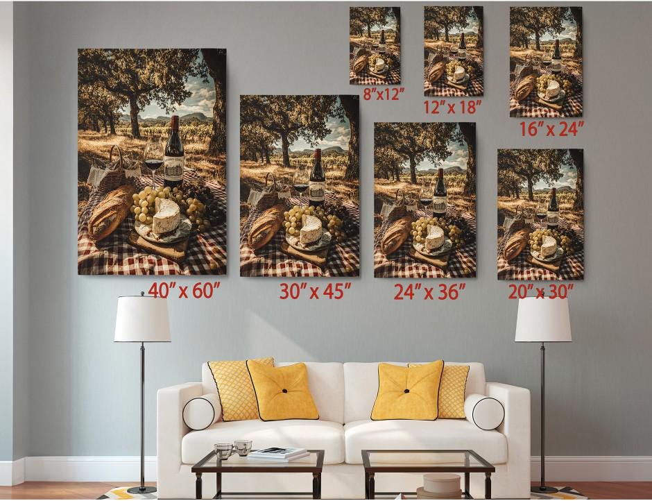 The image is a living room with a white couch and a coffee table. Above the couch, there are multiple framed pictures of a picnic scene, each with different sizes and orientations. The pictures are arranged in a grid-like pattern on the wall, creating a visually appealing display.