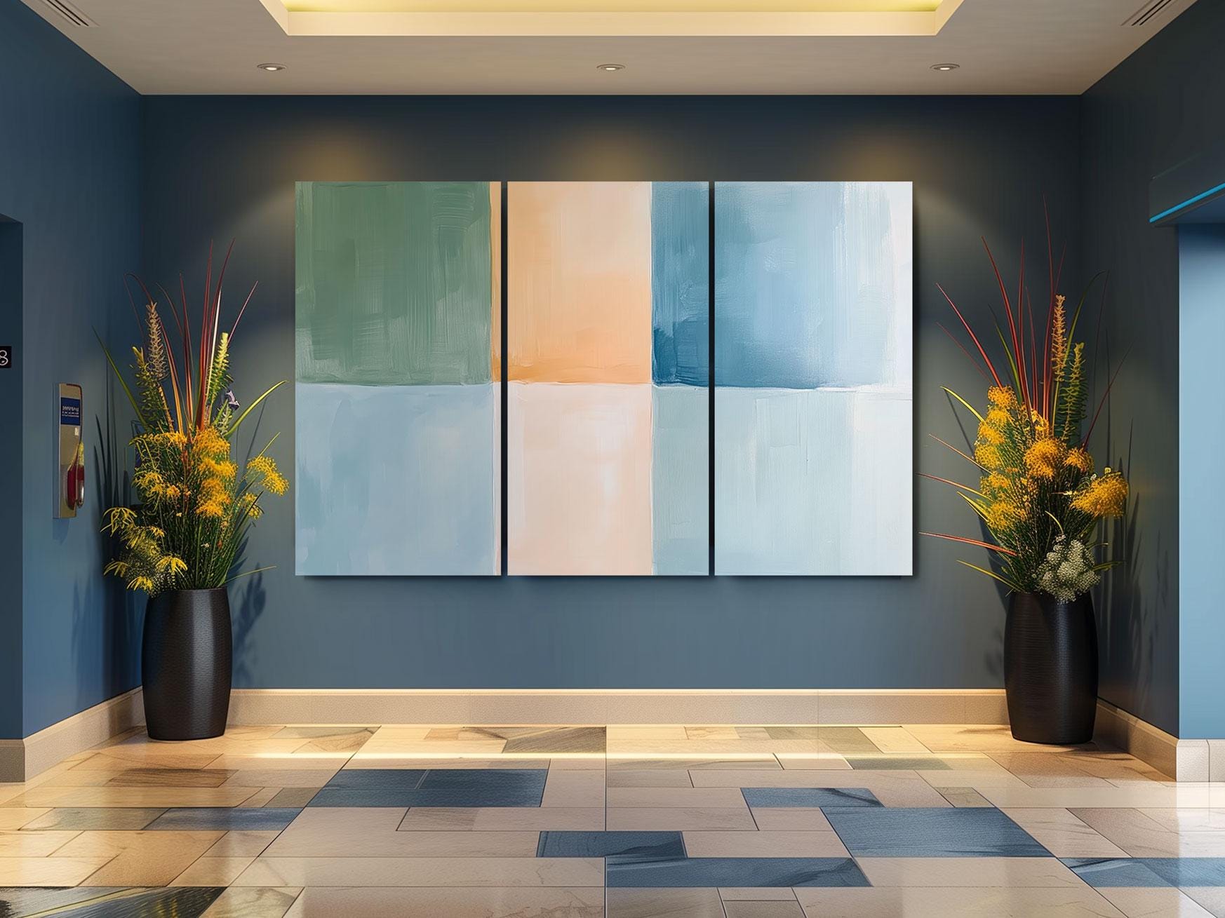 a room with blue walls and a painting on the wall