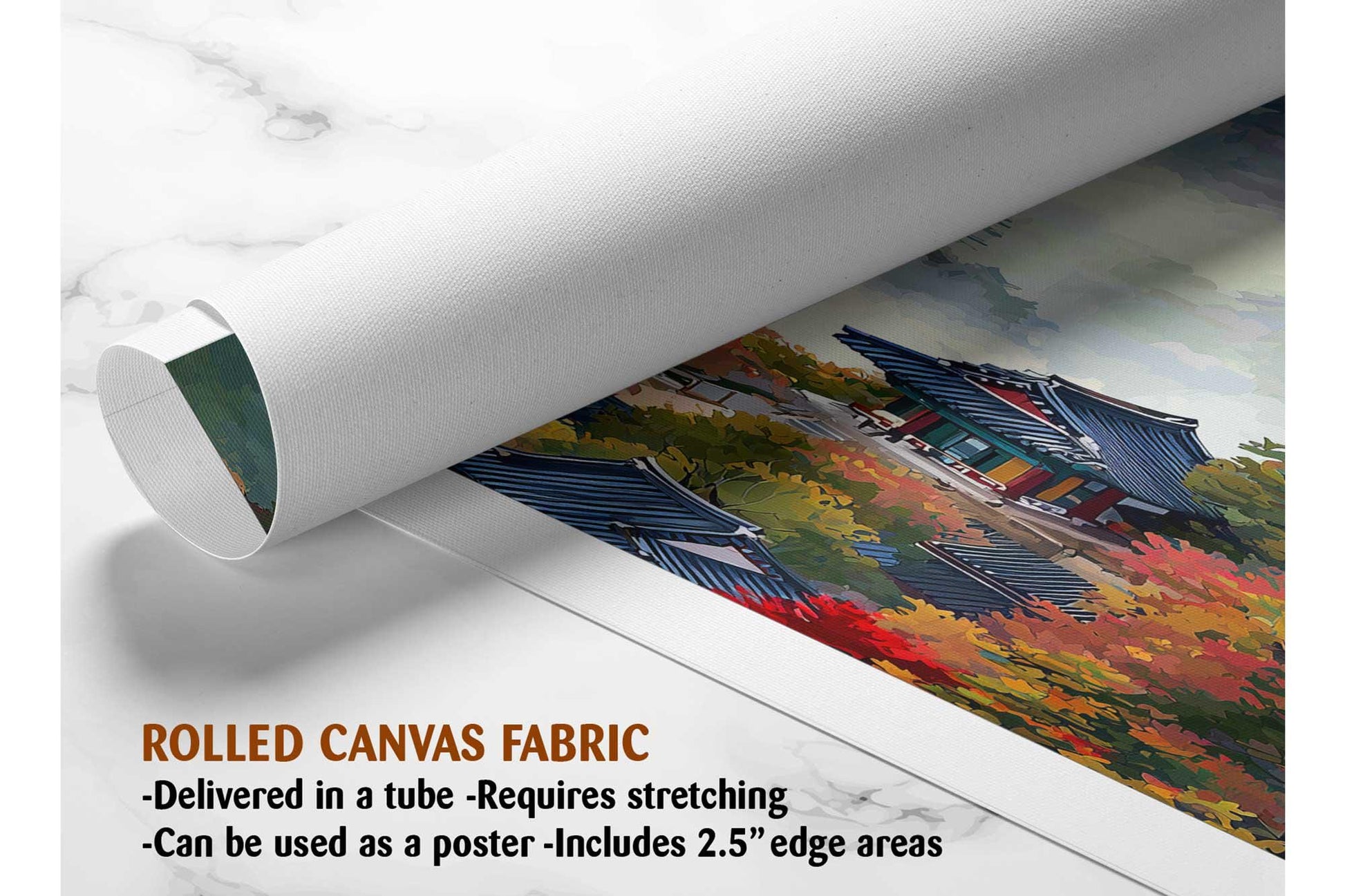 The image is a rolled canvas fabric, which is a type of canvas material used for painting or printing. It is described as a tube-delivered canvas fabric, which means it is delivered in a tube and requires stretching before use. It can be used as a poster with a 2.5&quot; edge area.