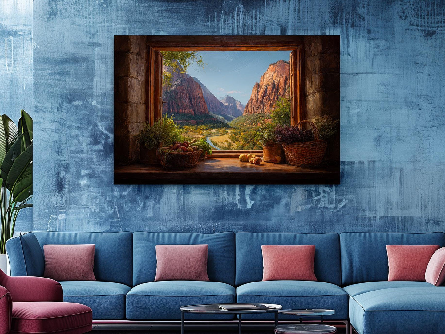 a large painting of a scenic mountain landscape hanging on a blue wall above a blue sofa with pink throw pillows.
