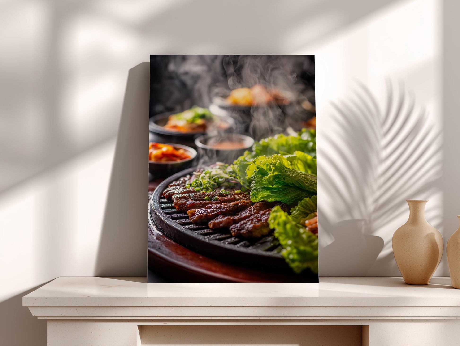 A close-up view of a grill with various meats and vegetables being cooked, with steam rising from the grill.
