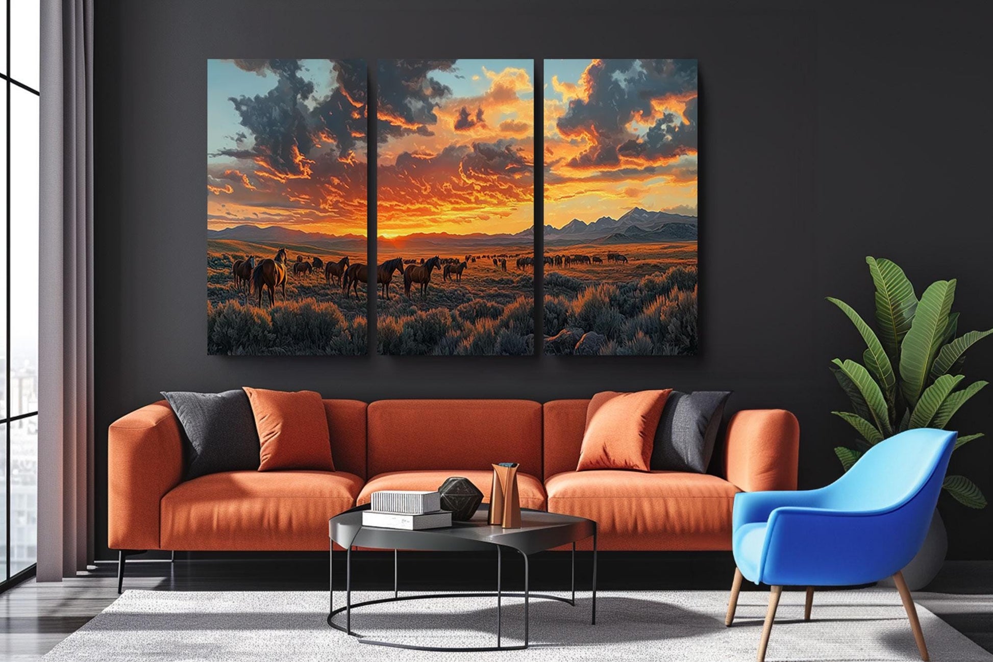 a living room filled with furniture and a painting on the wall