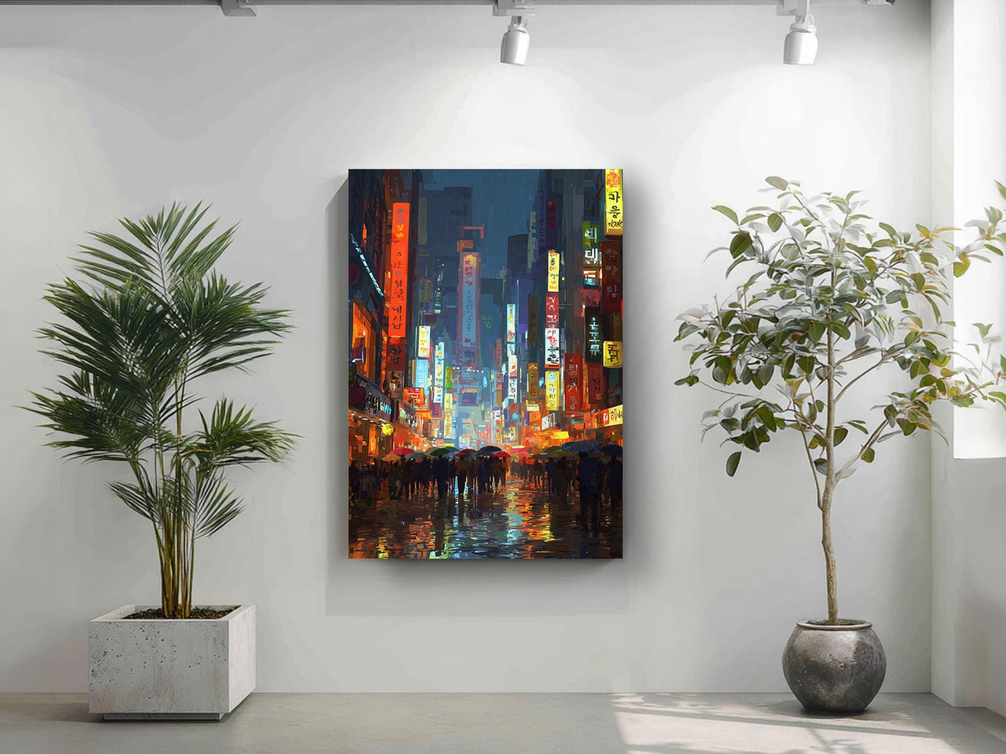 a vibrant cityscape with tall buildings adorned with colorful lights, creating a lively and bustling atmosphere.