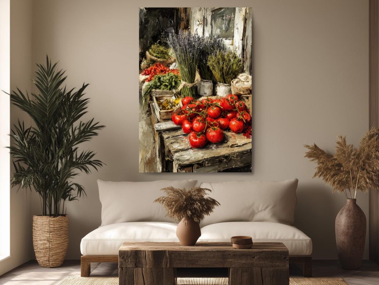 a cozy living room with a large painting of a vegetable market hanging on the wall. The painting features a variety of fresh produce, including tomatoes, herbs, and other vegetables, arranged in an inviting manner. The room is decorated with potted plants, vases, and a wooden coffee table, creating a warm and inviting atmosphere.