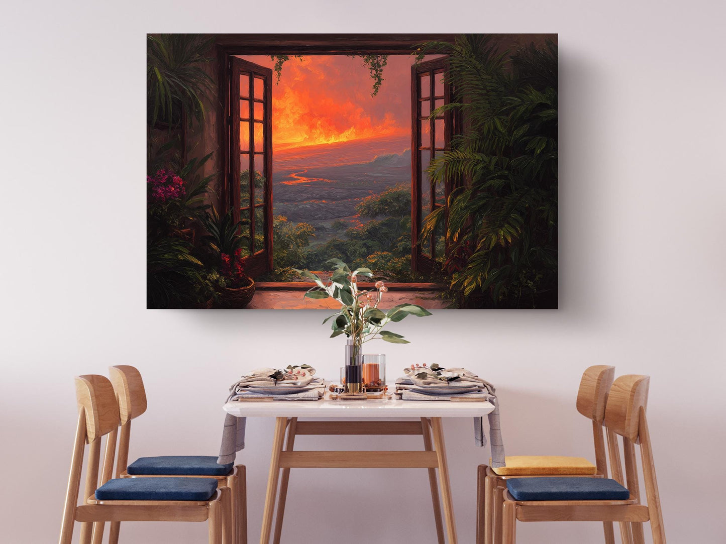 a serene dining scene with a table set for four, featuring a vase of flowers and a painting of a tropical landscape on the wall above the table.