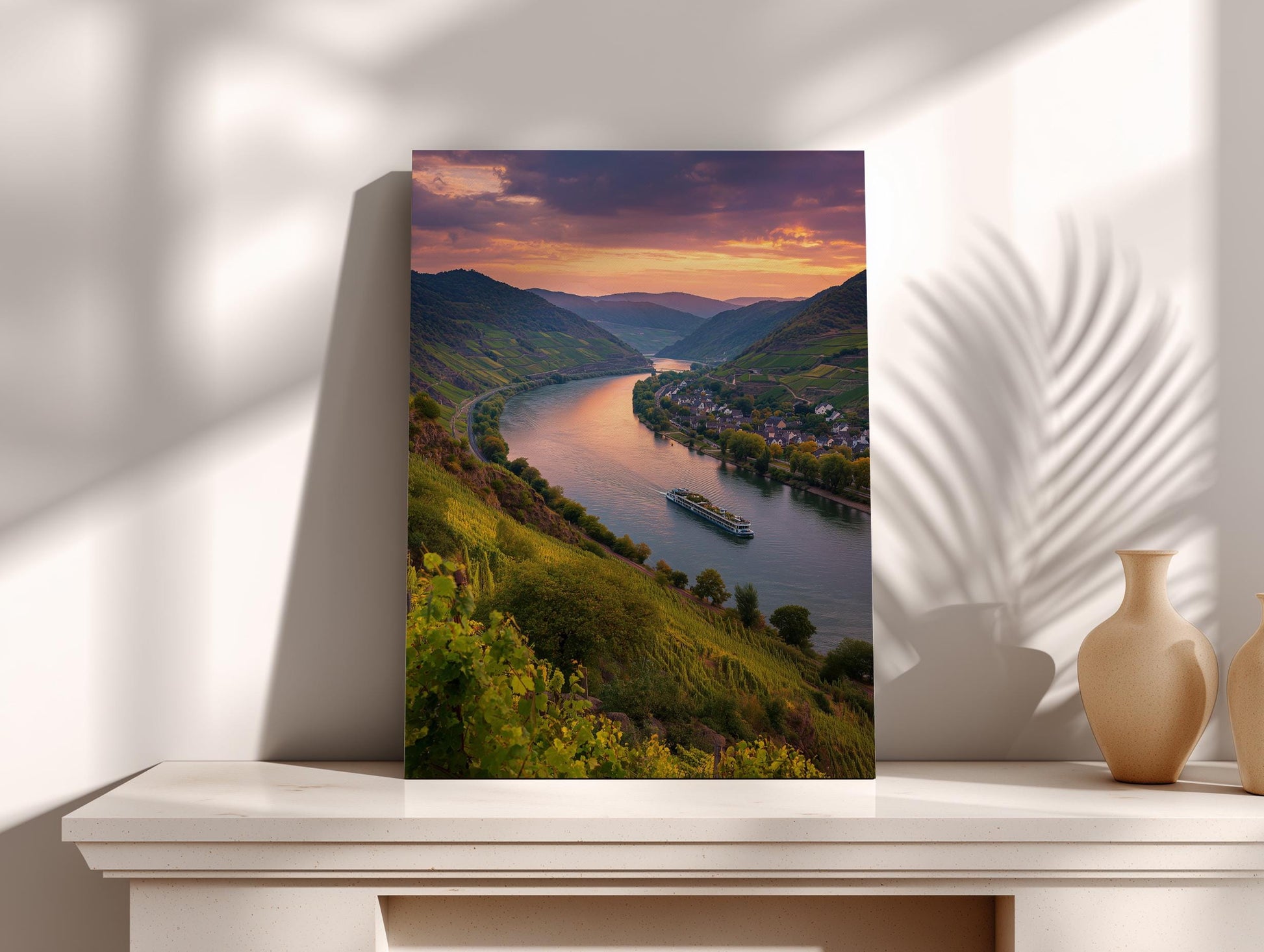 a serene landscape with a winding river surrounded by lush green hills and mountains, with a boat sailing on the river under a vibrant sunset sky.