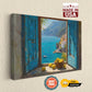 The image is a painting of a coastal scene with a view of the sea through a window, featuring a basket of lemons and a blue door.