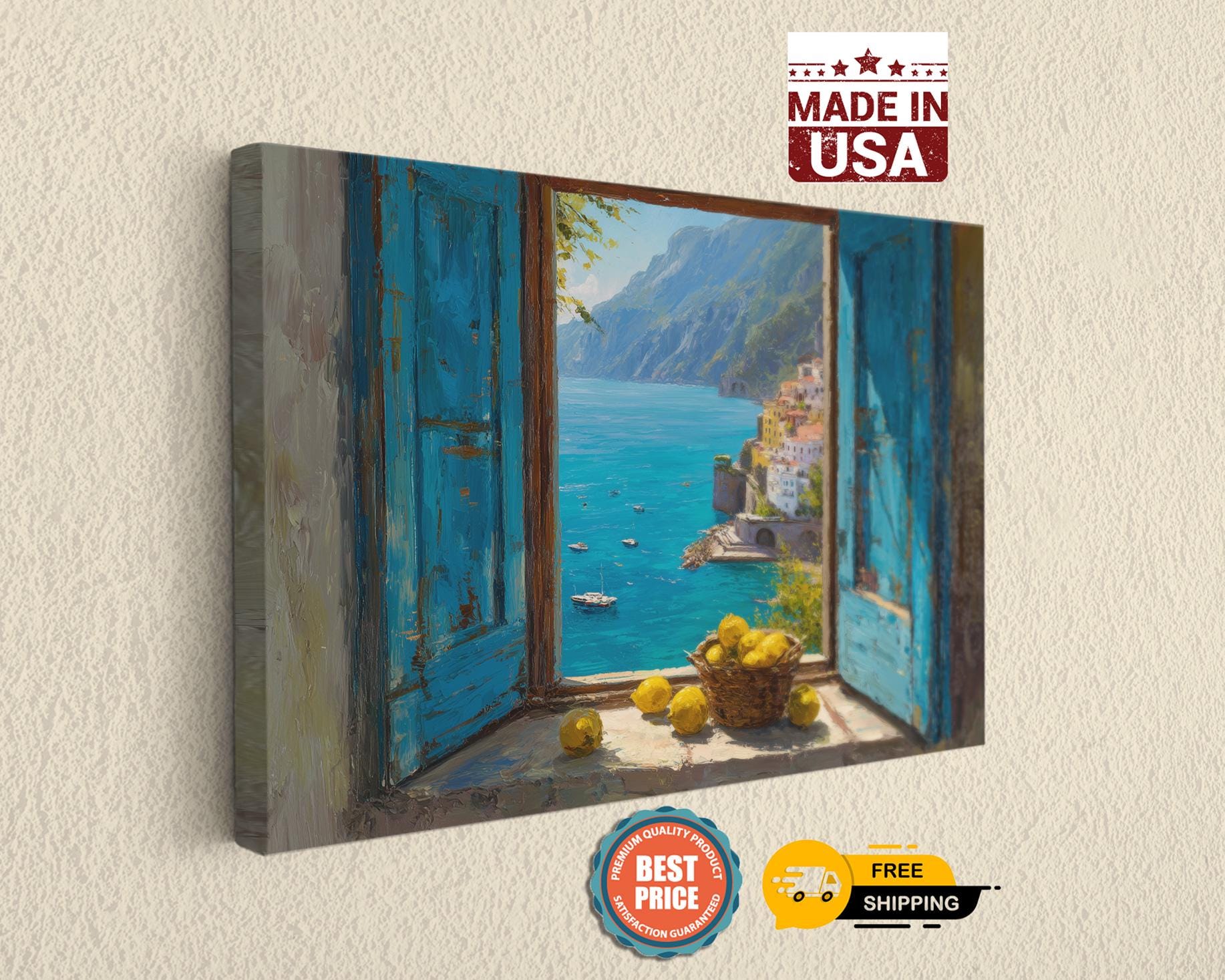 The image is a painting of a coastal scene with a view of the sea through a window, featuring a basket of lemons and a blue door.