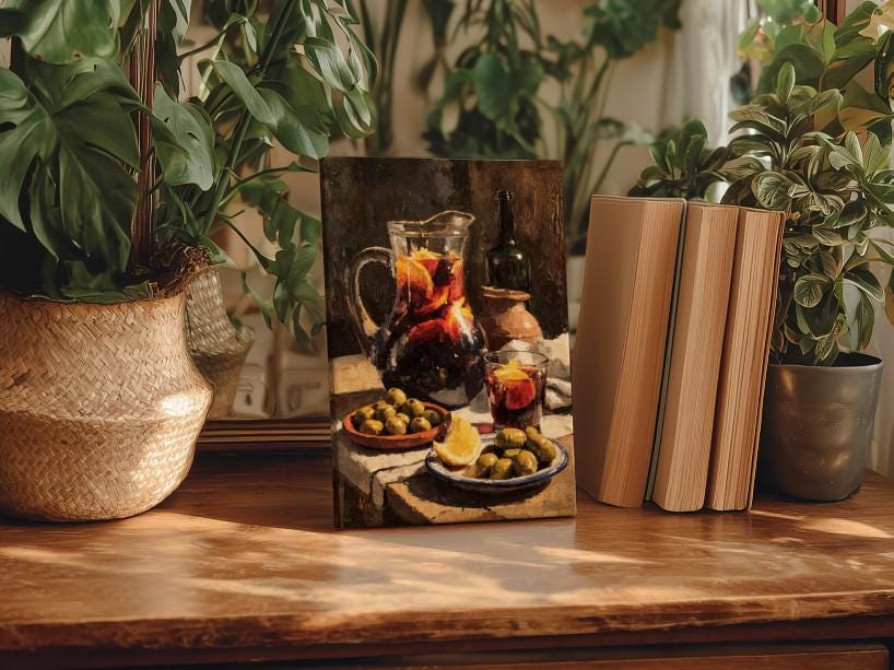 a still life painting of a table with a pitcher of wine, plates of olives, and glasses of wine, surrounded by potted plants and books.