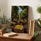 a wooden table with various potted plants, a stack of books, and a wooden crate filled with lemons. In the background, there is a painting of an orange grove with crates of lemons.