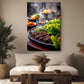 a cozy living room with a large, appetizing image of a barbecue grill filled with fresh vegetables and meat. The grill is surrounded by a variety of colorful vegetables and meats, creating a visually appealing and mouth-watering scene. The room is decorated with potted plants, vases, and a wooden coffee table, adding to the warm and inviting atmosphere.