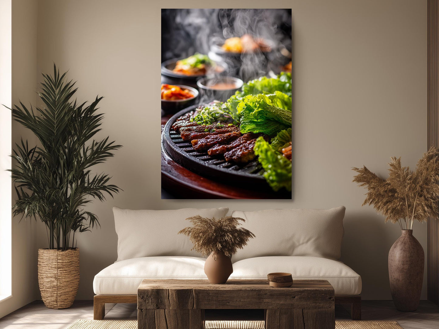 a cozy living room with a large, appetizing image of a barbecue grill filled with fresh vegetables and meat. The grill is surrounded by a variety of colorful vegetables and meats, creating a visually appealing and mouth-watering scene. The room is decorated with potted plants, vases, and a wooden coffee table, adding to the warm and inviting atmosphere.