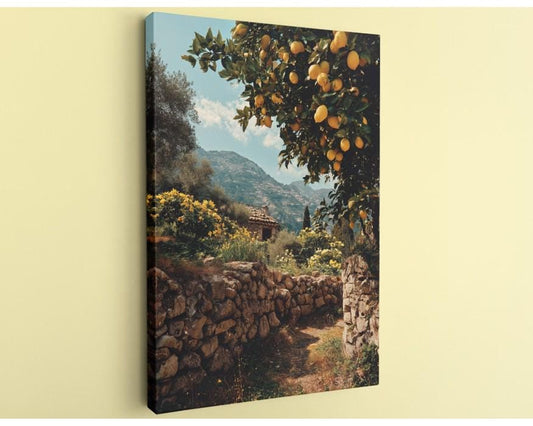 A stone wall with a path leading through it, surrounded by a grove of orange trees with ripe fruit hanging from the branches.