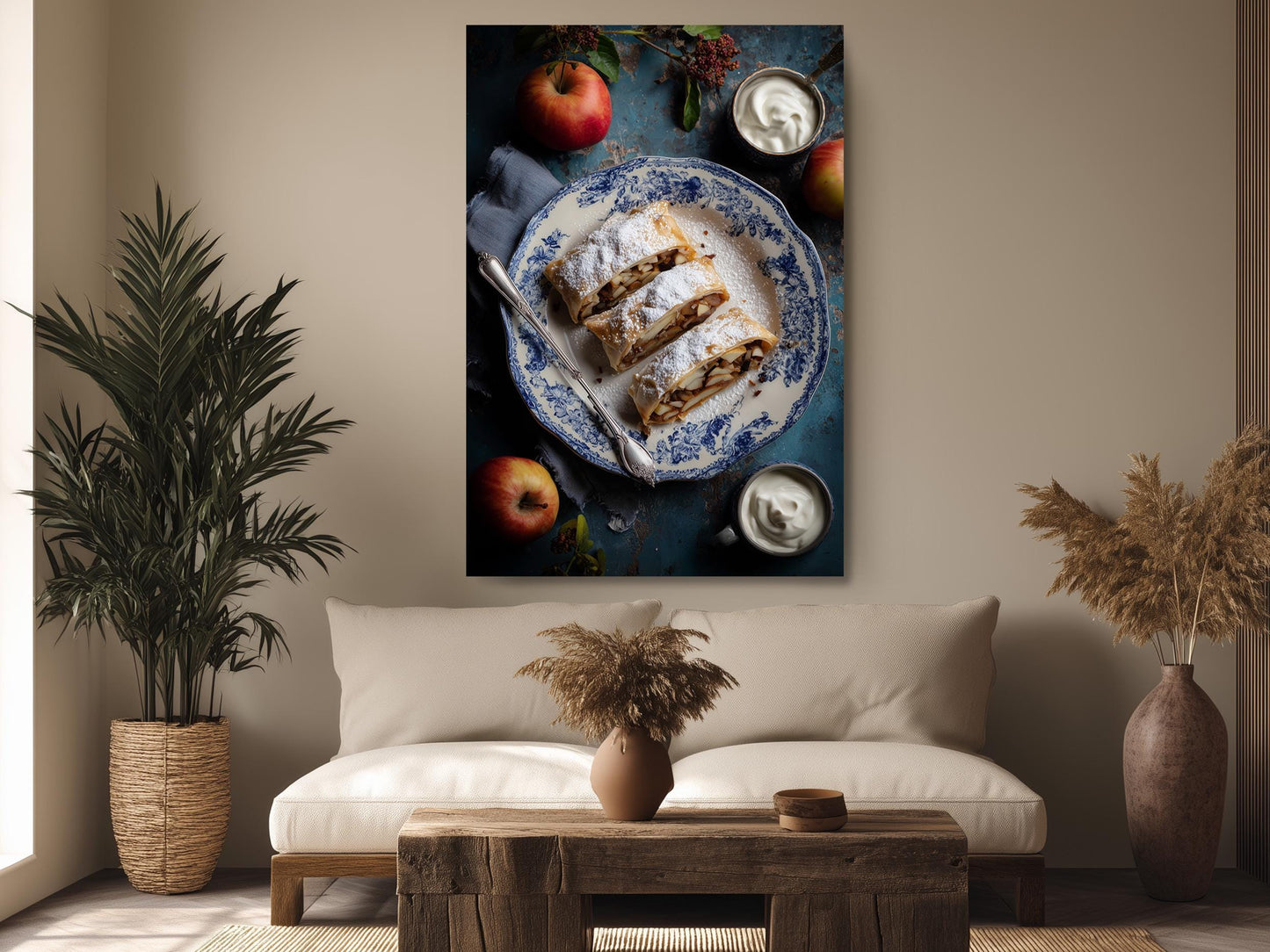 a cozy living room with a large, appetizing pastry on a blue and white plate, surrounded by fresh fruit and a cup of white cream. The room is decorated with potted plants, a wooden coffee table, and a comfortable couch, creating a warm and inviting atmosphere.